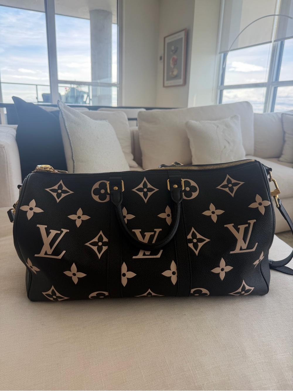 Louis Vuitton Black & Cream Monogram Keepall Bandoulière Travel Bag